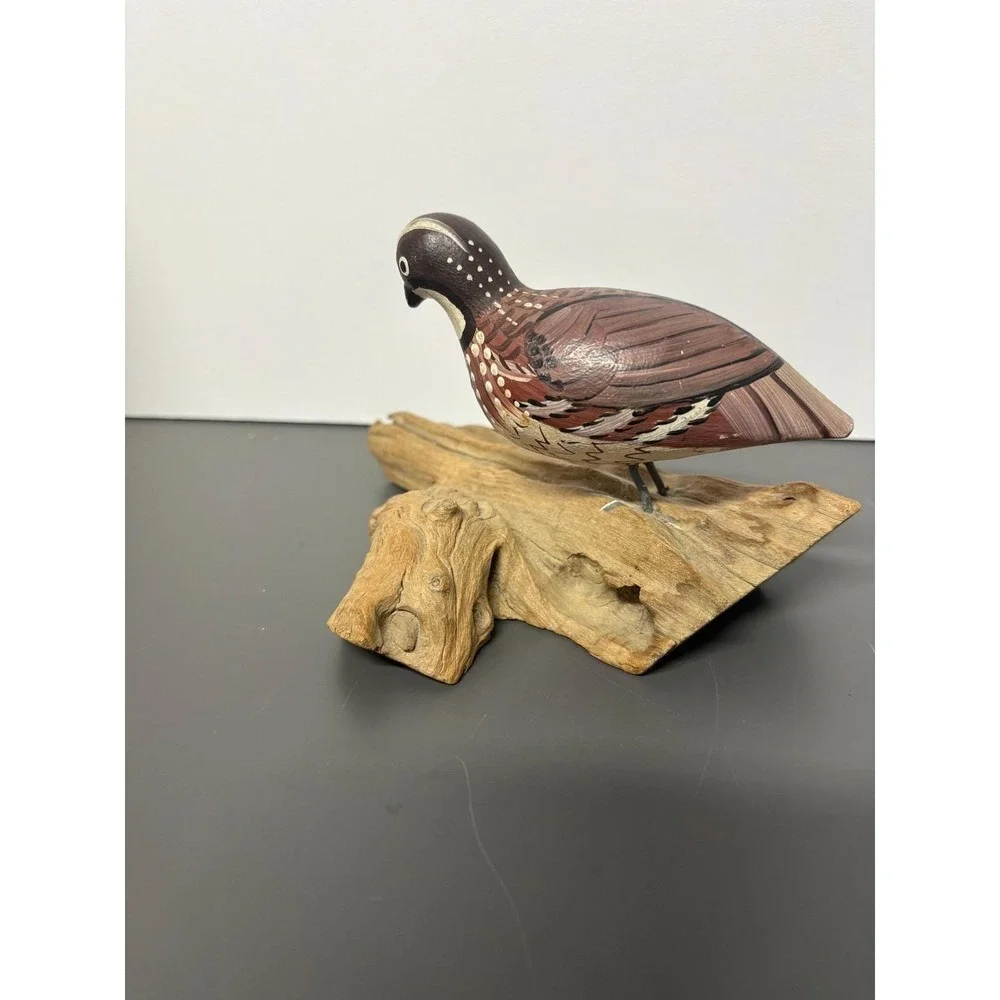 Vintage Hand Carved Painted Wood Bobwhite Quail Bird Figurine Driftwood Base